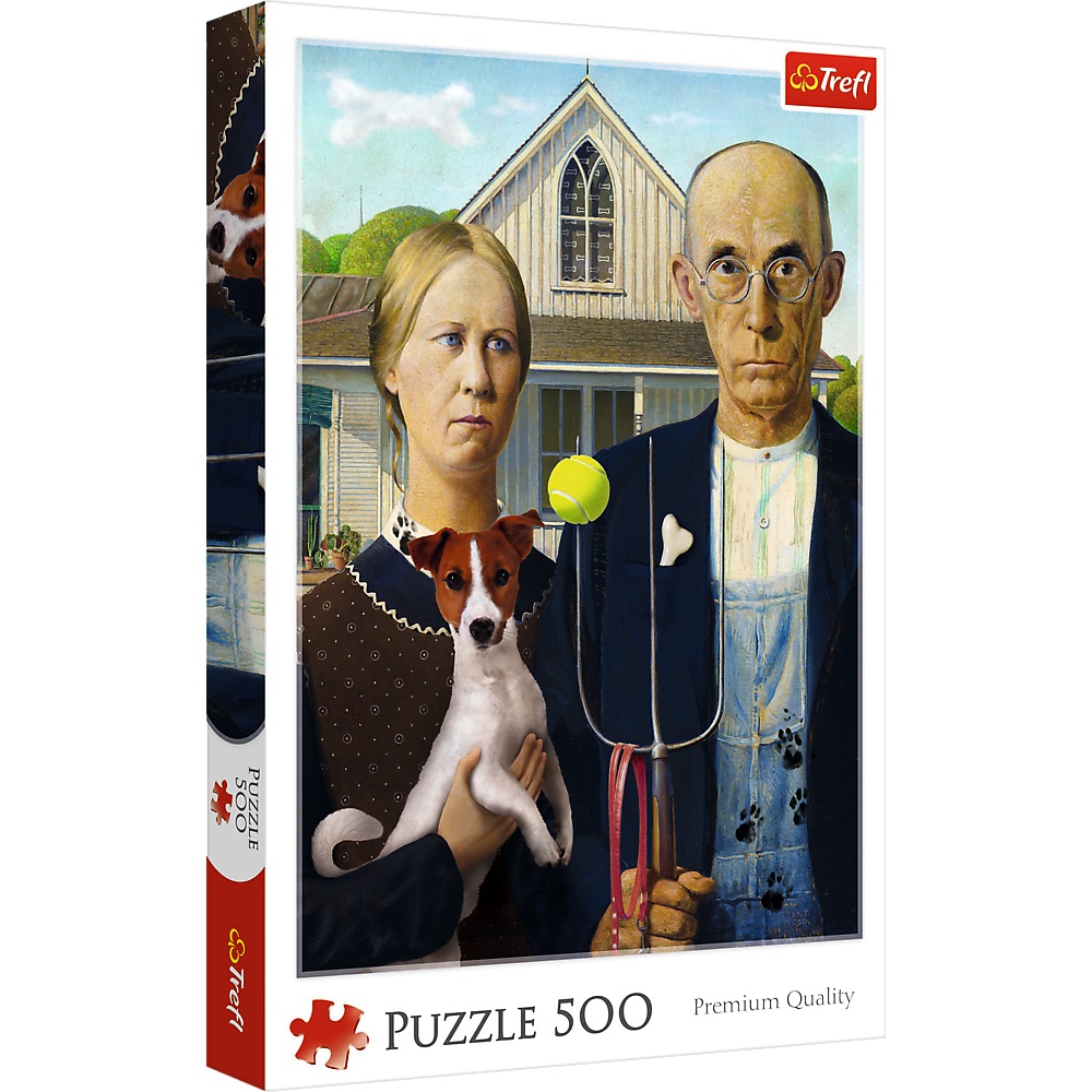 Trefl puzzle 500 el American Gotic Psia edycja 37526, zabawki Nino Bochnia, puzzle dla 9 latka, puzzle 500 elementów