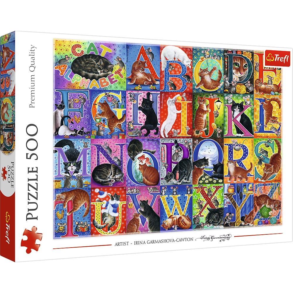 Trefl puzzle 500 el Koci alfabet 37527, zabawki Nino Bochnia, pomysł na prezent dla 8 latki, puzzle z kotami, zabawki bochnia