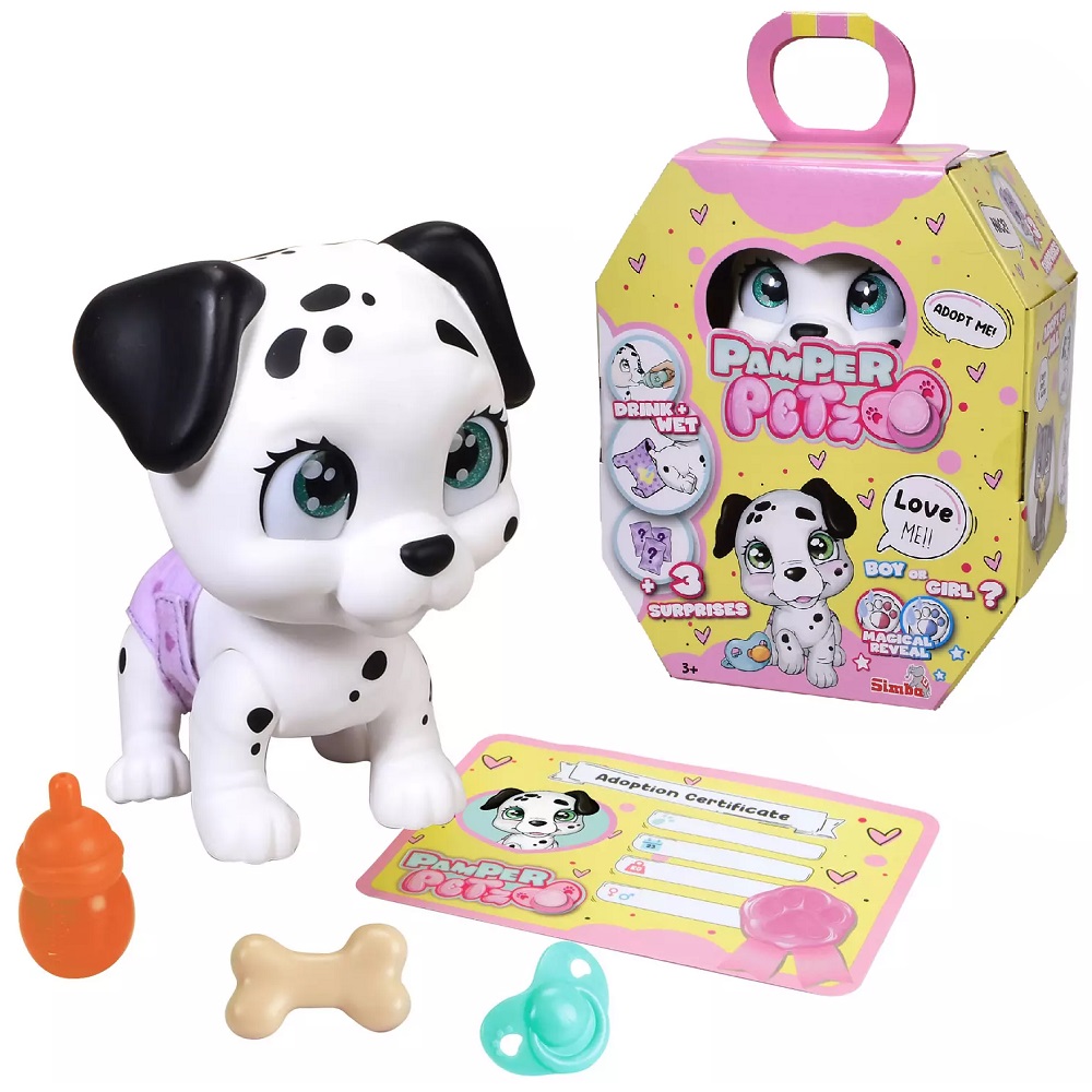 simba pamper petz piesek dalmatyńczyk z pieluszkowego gangu, zabawki Nino Bochnia, pomysł na prezent dla 5 latki, sikający piesek, piesek dalmatyńczyk do opieki, piesek z butelką dla dziewczynki