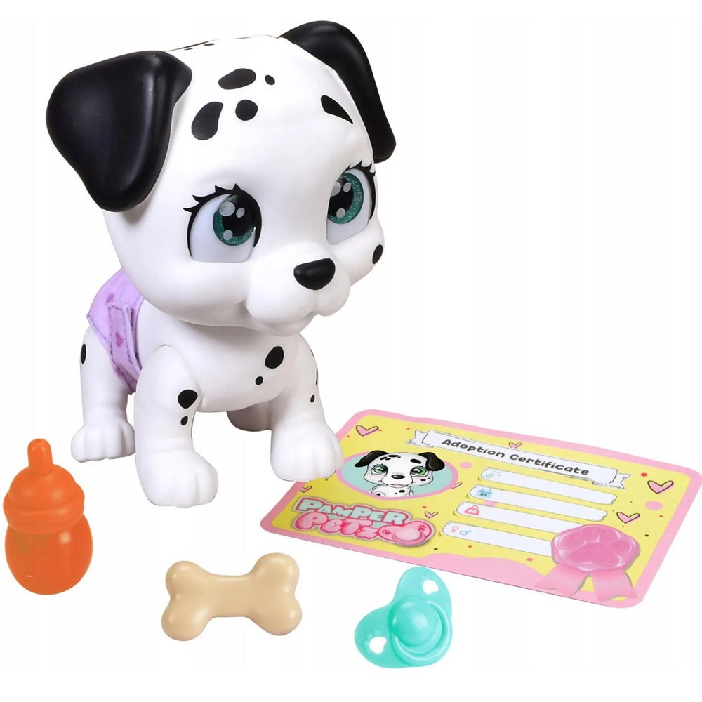 simba pamper petz piesek dalmatyńczyk z pieluszkowego gangu, zabawki Nino Bochnia, pomysł na prezent dla 5 latki, sikający piesek, piesek dalmatyńczyk do opieki, piesek z butelką dla dziewczynki
