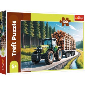trefl puzzle 100 el Ciągnik leśny 16493, zabawki Nino Bochnia, pomysł na prezent dla 5 latka, puzzle 100 elementów z traktorem , puzzle traktor wiozący drzewo