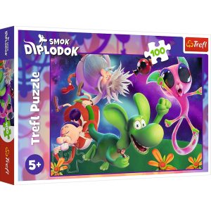 trefl puzzle 100 el Smok Diplodok i przyjaciele 16486, zabawki Nino Bochnia, pomysł na prezent dla 5 latka, puzzle Diplodok