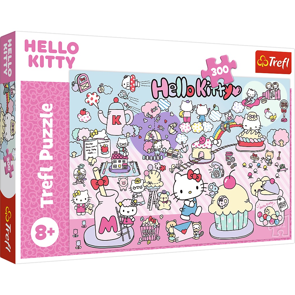 trefl puzzle 300 el Hello Kitty Poznaj świat Hello Kitty 23031, zabawki Nino Bochnia, pomysł na prezent dla 8 latki, puzzle Hello kitty