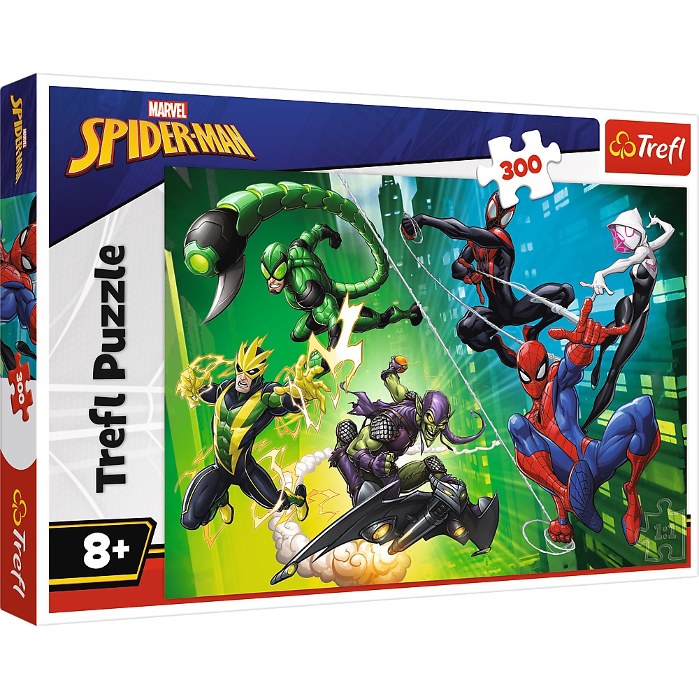 trefl puzzle 300 el Spiderman W pajęczej sieci 23036, zabawki Nino bochnia, pomysł na prezent dla 7 latka, puzzle Spiderman 300 el, puzzle ze Spidermanem