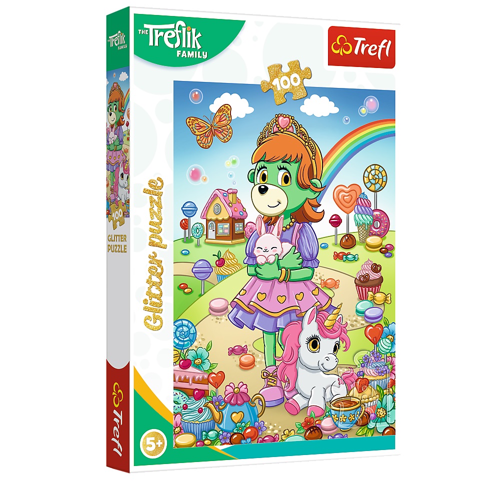 trefl puzzle brokatowe 100 el Rodzina Treflików Brokatowe Trefliki 14833, zabawki Nino Bochnia, pomysł na prezent dla 5 latki, brokatowe puzzle dla 5 latki,