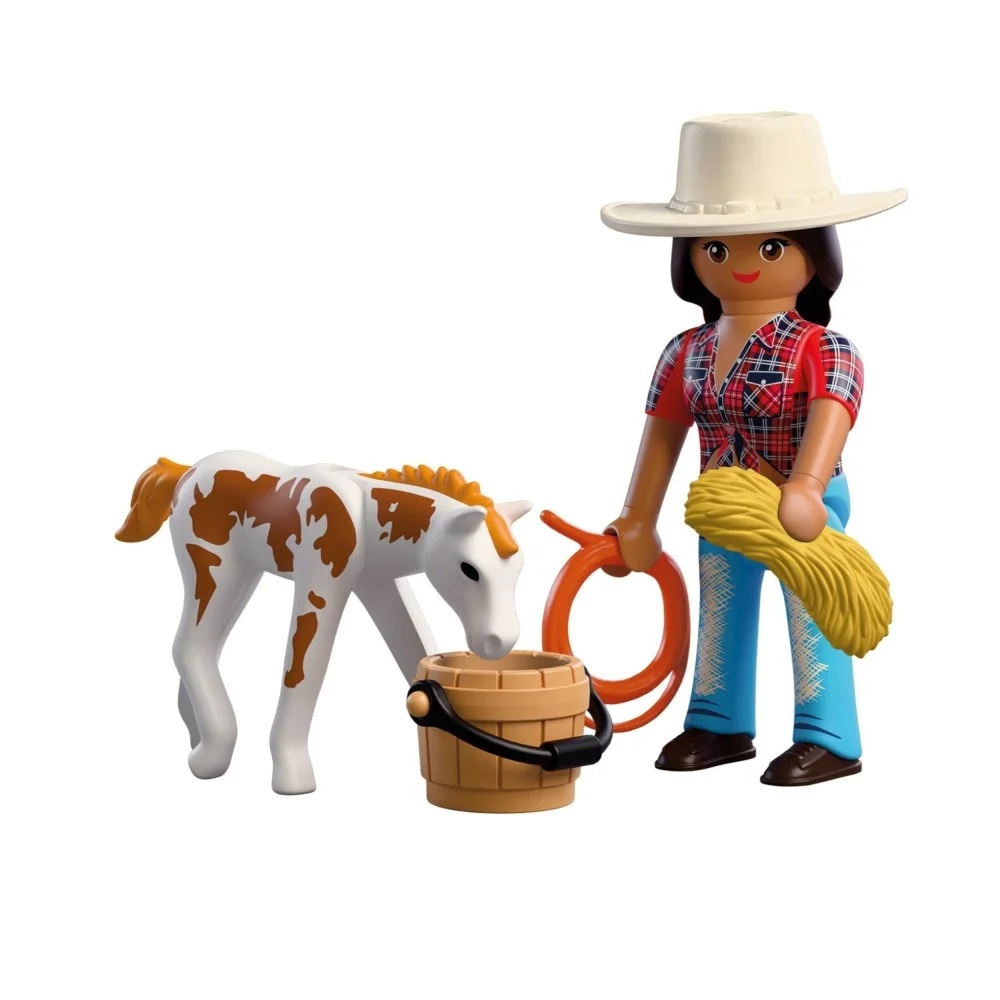 Playmobil Duo Pack 72026 Kowbojka ze źrebakiem, zabawki Nino Bochnia, pomysł na prezent dla 4 latki, farmerka z konikiem zabawki