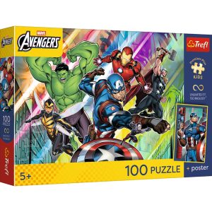 Trefl Puzzle 100 el Avengers Potęga i moc plakat kolekcjonerski 16552, puzzle dla 5 latka, puzzle avengers z plakatem