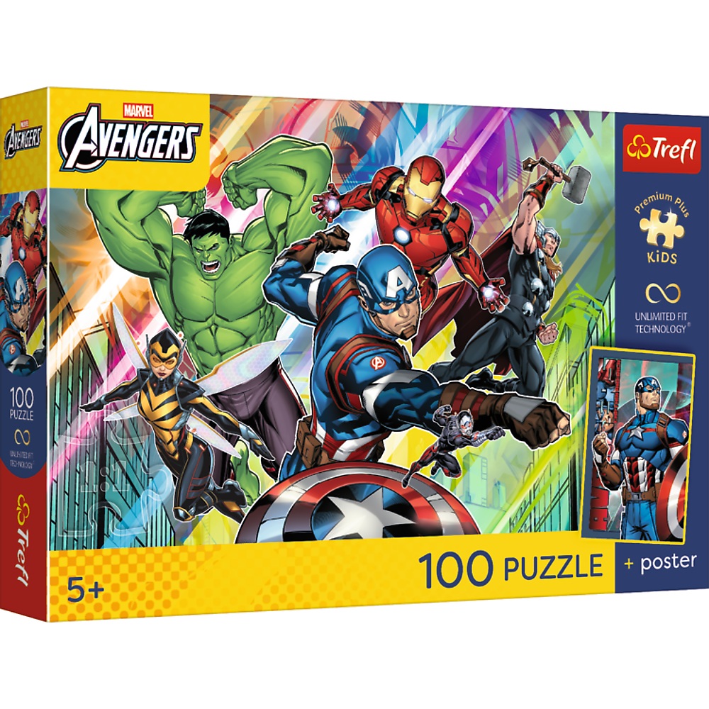 Trefl Puzzle 100 el Avengers Potęga i moc plakat kolekcjonerski 16552, puzzle dla 5 latka, puzzle avengers z plakatem