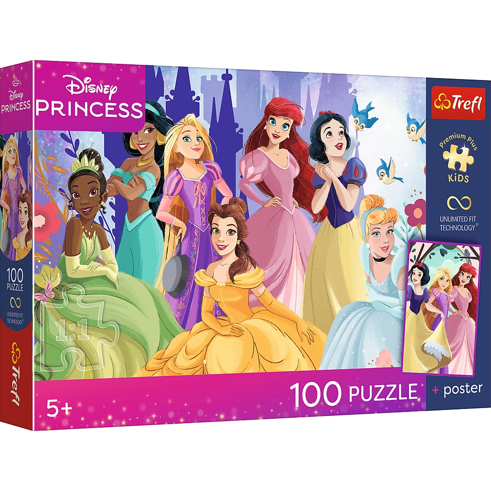 Trefl Puzzle 100 el Disney Princess Relaks z księżniczkami plakat kolekcjonerski 16554, zabawki Nino Bochnia, pomysł na prezent dla 5 latki, puzzle z księżniczkami + plakat