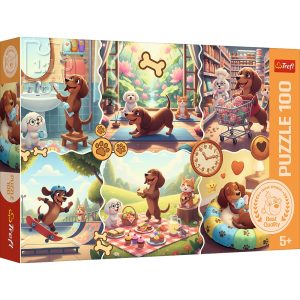 Trefl Puzzle 100 el Długi dzień jamnika 16567, zabawki Nino Bochnia, pomysł na prezent dla 5 latki, puzzle z pieskami