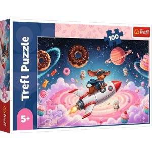Trefl Puzzle 100 el Jamnik na rakiecie 16558, zabawki nino Bochnia, pomysł na prezent dla 5 latki, puzzle z kosmosem