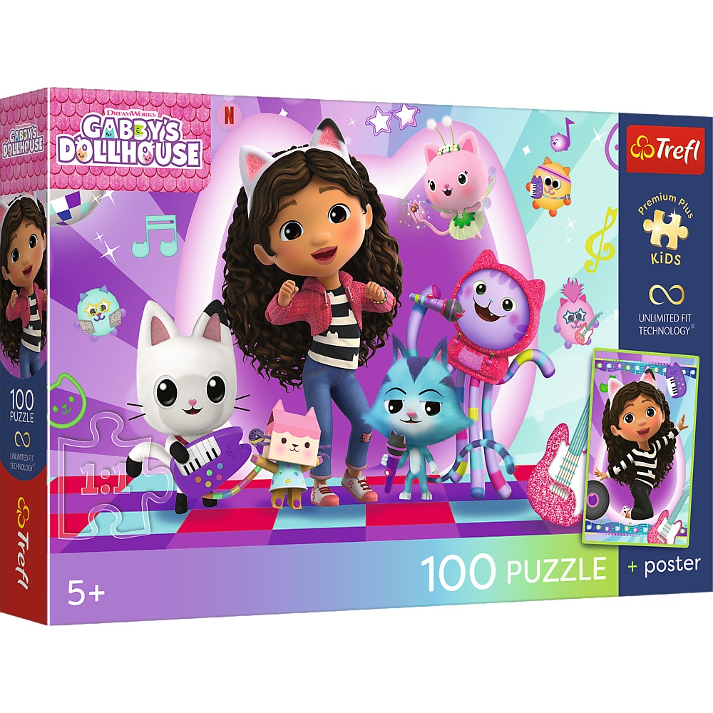 Trefl Puzzle 100 el Koci Domek Gabi Kolorowy koci świat plakat kolekcjonerski 16551, zabawki nino Bochnia, pomysł na prezent dla 5 latki, puzzle koci domek Gabi z plakatem