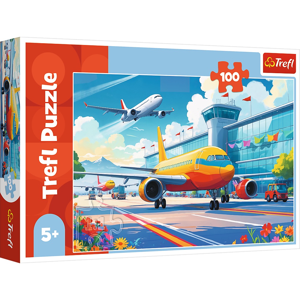 Trefl Puzzle 100 el Król przestworzy 16491, zabawki Nino Bochnia, pomysł na prezent dla 5 latka, puzzle z samolotem, puzzle samolot i lotnisko