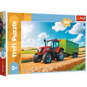 Trefl Puzzle 100 el Maszyny rolnicze Traktor z przyczepą 16494, zabawki Nino Bochnia, pomysł na prezent dla 5 latka, puzzle z traktorem i przyczepą