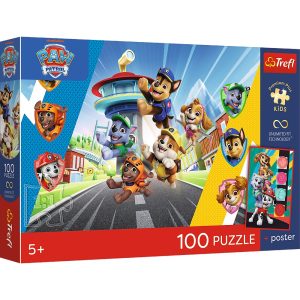 Trefl Puzzle 100 el Psi Patrol Psia przygoda plakat kolekcjonerski 16550, zabawki Nino Bochnia, pomysł na prezent dla 5 latka, puzzle Psi Patrol z plakatem