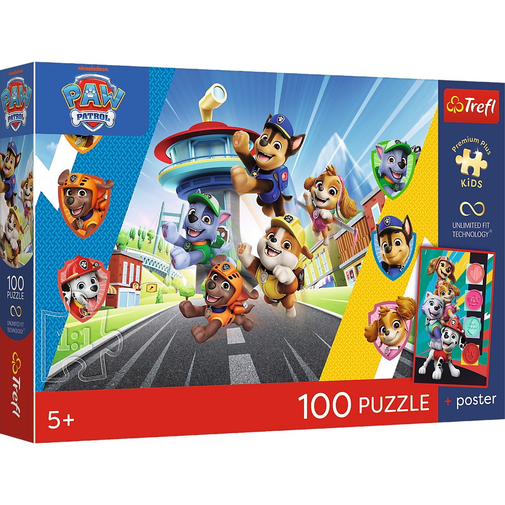 Trefl Puzzle 100 el Psi Patrol Psia przygoda plakat kolekcjonerski 16550, zabawki Nino Bochnia, pomysł na prezent dla 5 latka, puzzle Psi Patrol z plakatem