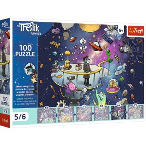 Trefl Puzzle 100 el Rodzina Treflików Bert w kosmosie 16545, zabawki Nino Bochnia, pomysł na prezent dla 5 latka, puzzle o kosmosie, puzzle odkrywcze