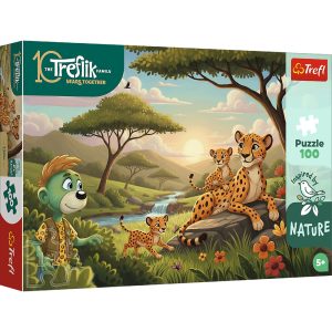 Trefl Puzzle 100 el Rodzina Treflików Gepardy 16592, zabawki Nino Bochnia, pomysł na prezent dla 5 latka, puzzle gepardy