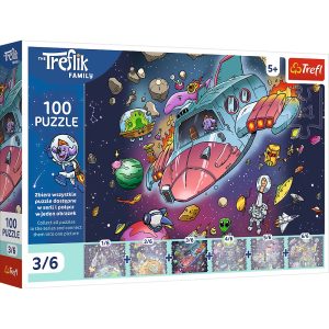 Trefl Puzzle 100 el Rodzina Treflików Gonduś w rakiecie 16543, zabawki Nino Bochnia, pomysł na prezent dla 5 latka, puzzle z kosmosem, puzzle odkrywcze