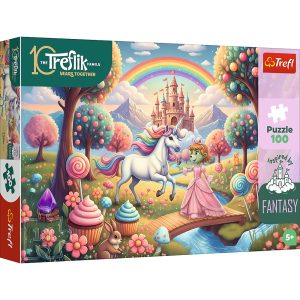 Trefl Puzzle 100 el Rodzina Treflików Jednorożec w słodyczolandii 16574, zabawki Nino Bochnia, pomysł na prezent dla 5 latki, puzzle fantasy
