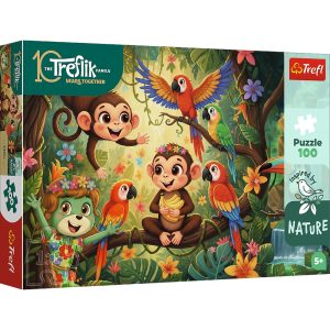 Trefl Puzzle 100 el Rodzina Treflików Małpki i przyjaciele 16570, zabawki nino Bochnia, pomysł na prezent dla 5 latki, puzzle z małpkami