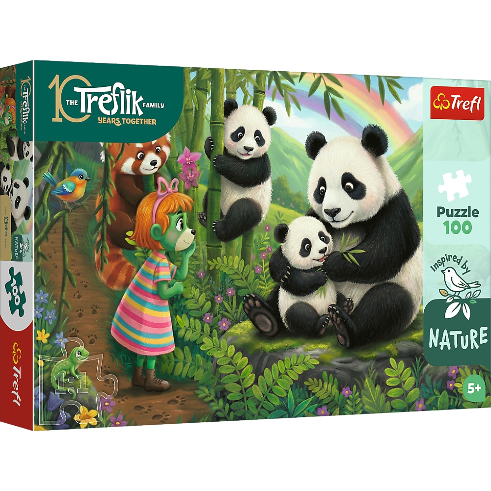 Trefl Puzzle 100 el Rodzina Treflików Pandy 16595, zabawki Nino Bochnia, pomysł na prezent dla 5 latki, puzzle z pandami, puzzle pandy 100 el