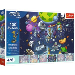 Trefl Puzzle 100 el Rodzina Treflików Robobot w kosmosie 16544, zabawki Nino Bochnia, pomysł na prezent dla 5 latka, puzzle o kosmosie, puzzle odkrywcze