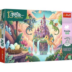Trefl Puzzle 100 el Rodzina Treflików Rycerz Treflik i smoki 16576, zabawki Nino Bochnia, pomysł na prezent dla 5 latki, puzzle fantasy