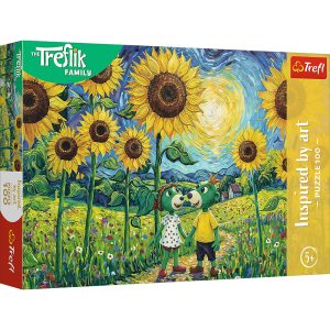 Trefl Puzzle 100 el Rodzina Treflików Spacer wśród słoneczników 16560, zabawki nino Bochnia, pomysł na prezent dla 5 latki, puzzle słoneczniki 100 elementów
