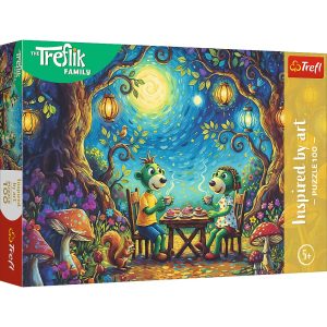 Trefl Puzzle 100 el Rodzina Treflików Spotkanie w kawiarni 16561, zabawki Nino Bochnia, pomysł na prezent dla 5 latki, puzzle w blasku księżyca