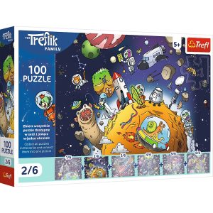 Trefl Puzzle 100 el Rodzina Treflików Treflik w kosmosie 16542, zabawki Nino Bochnia, pomysł na prezent dla 5 latka, puzzle z kosmosem, puzzle odkrywcze