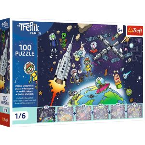 Trefl Puzzle 100 el Rodzina Treflików Treflinka w kosmosie 16541, zabawki Nino Bochnia, pomysł na prezent dla 5 latka, puzzle z kosmosem, puzzle odkrywcze