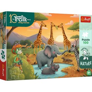 Trefl Puzzle 100 el Rodzina Treflików Wesoła ferajna 16571, zabawki Nino Bochnia, pomysł na prezent dla 5 latka, puzzle zwierzęta safari