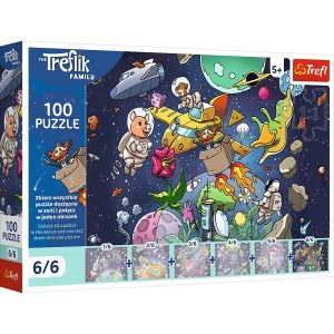 Trefl Puzzle 100 el Rodzina Treflików Wujcio w kosmosie 16546, zabawki Nino Bochnia, pomysł na prezent dla 5 latka, puzzle o kosmosie, puzzle odkrywcze