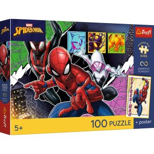 Trefl Puzzle 100 el Spiderman Bohaterski pająk plakat kolekcjonerski 16557, zabawki Nino Bochnia, pomysł na prezent dla 5 latka, puzzle dla chłopca, puzzle Spiderman