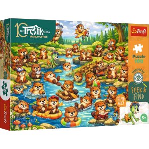Trefl Puzzle 100 el Szukaj i znajdź Rodzina Treflików Bobry w akcji 16588, zabawki Nino Bochnia, pomysł na prezent dla 5 latki, puzzle odkrywcze