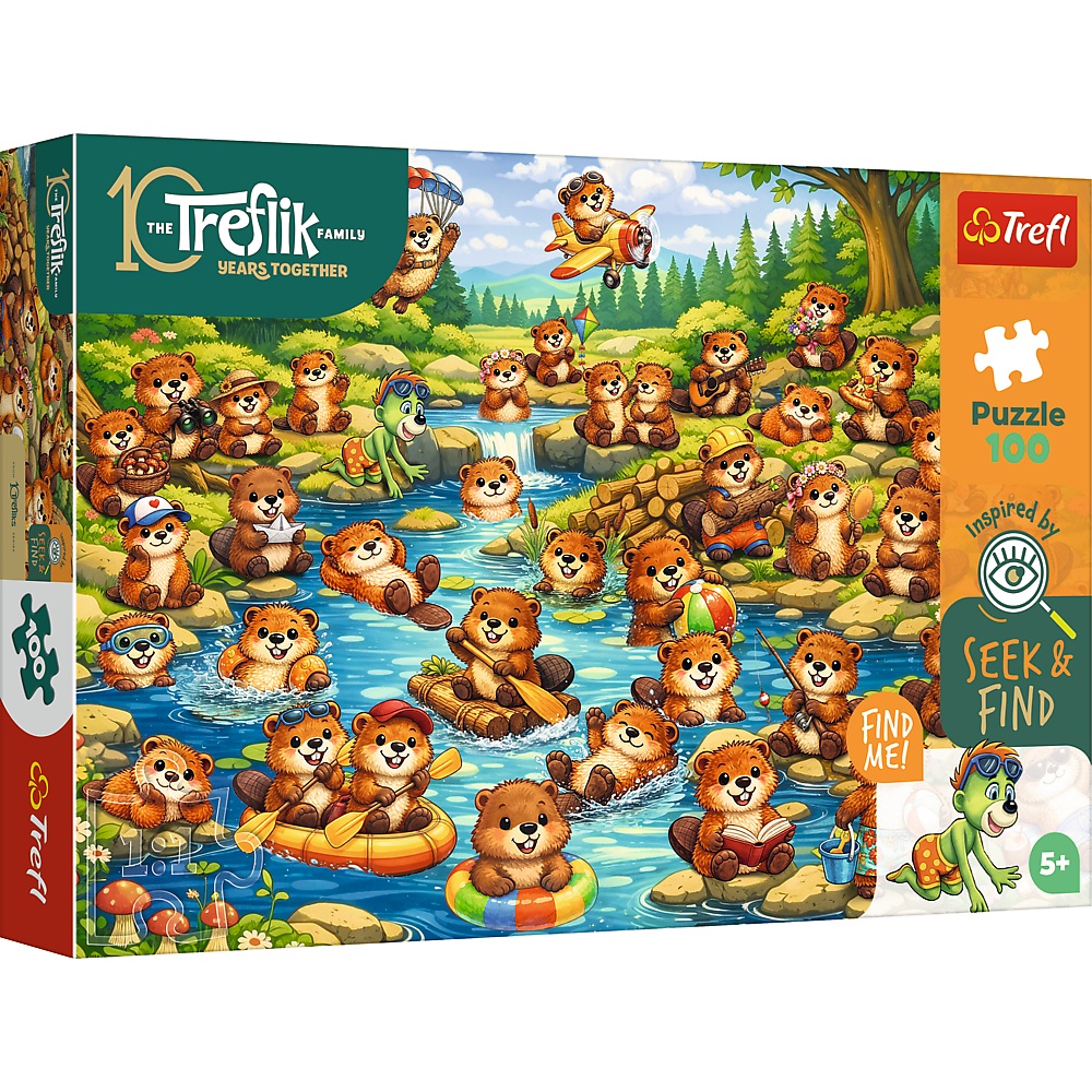 Trefl Puzzle 100 el Szukaj i znajdź Rodzina Treflików Bobry w akcji 16588, zabawki Nino Bochnia, pomysł na prezent dla 5 latki, puzzle odkrywcze