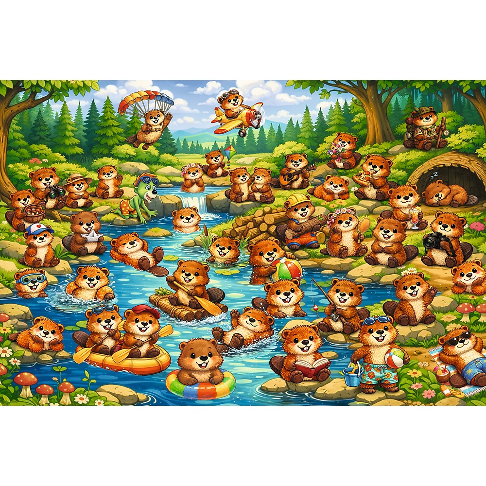 Trefl Puzzle 100 el Szukaj i znajdź Rodzina Treflików Bobry w akcji 16588, zabawki Nino Bochnia, pomysł na prezent dla 5 latki, puzzle odkrywcze