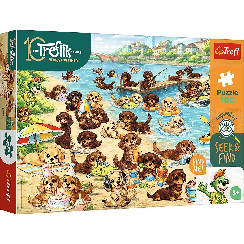Trefl Puzzle 100 el Szukaj i znajdź Rodzina Treflików Jamniki i Trefliki 16585, zabawki Nino Bochnia, pomysł na prezent dla 5 latka , puzzle odkrywcze