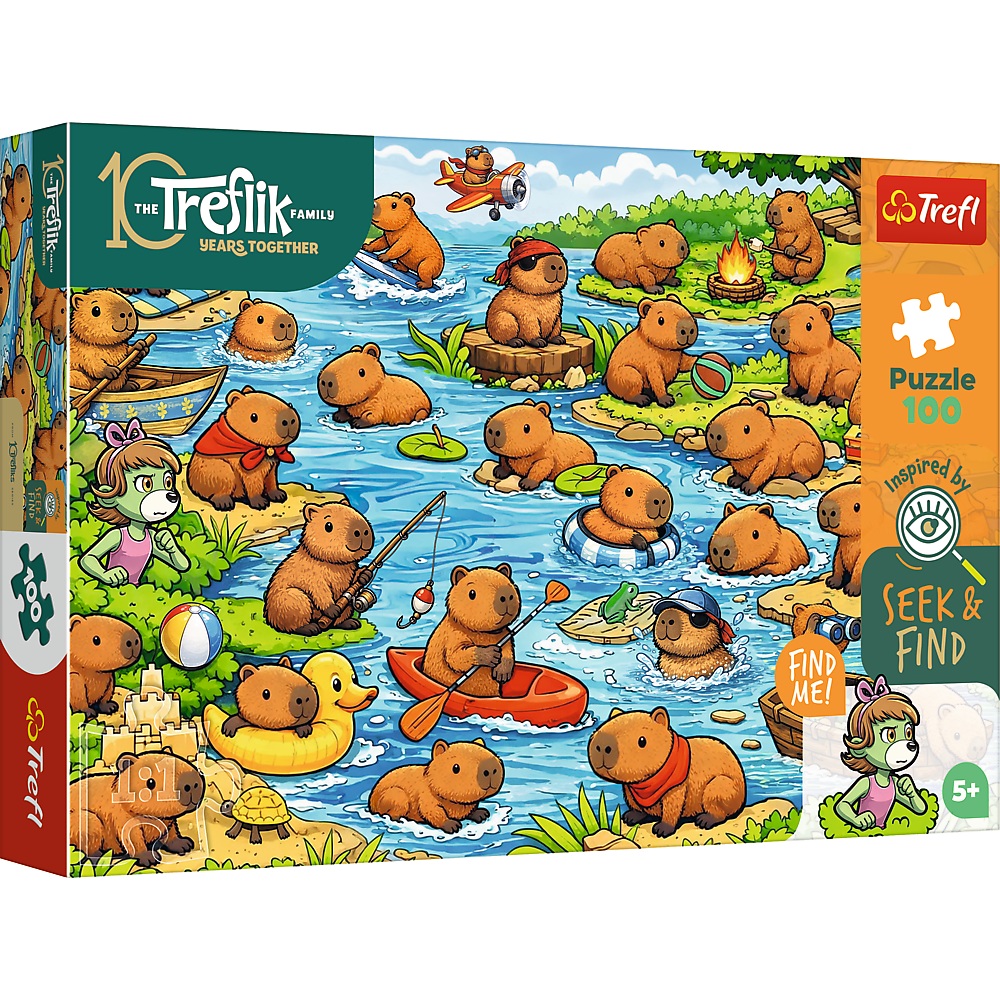 Trefl Puzzle 100 el Szukaj i znajdź Rodzina Treflików Kapibary 16586, zabawki Nino Bochnia, puzzle odkrywcze, puzzle kapibary
