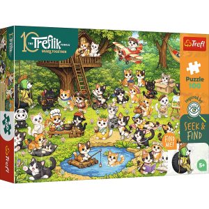 Trefl Puzzle 100 el Szukaj i znajdź Rodzina Treflików Koci świat 16587, zabawki Nino Bochnia, pomysł na prezent dla 5 latka, puzzle odkrywcze