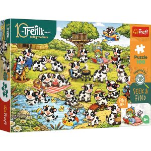 Trefl Puzzle 100 el Szukaj i znajdź Rodzina Treflików Świat krówek 16584, zabawki nino Bochnia, pomysł na prezent dla 5 latka, puzzle 100 elementów, puzzle odkrywcze