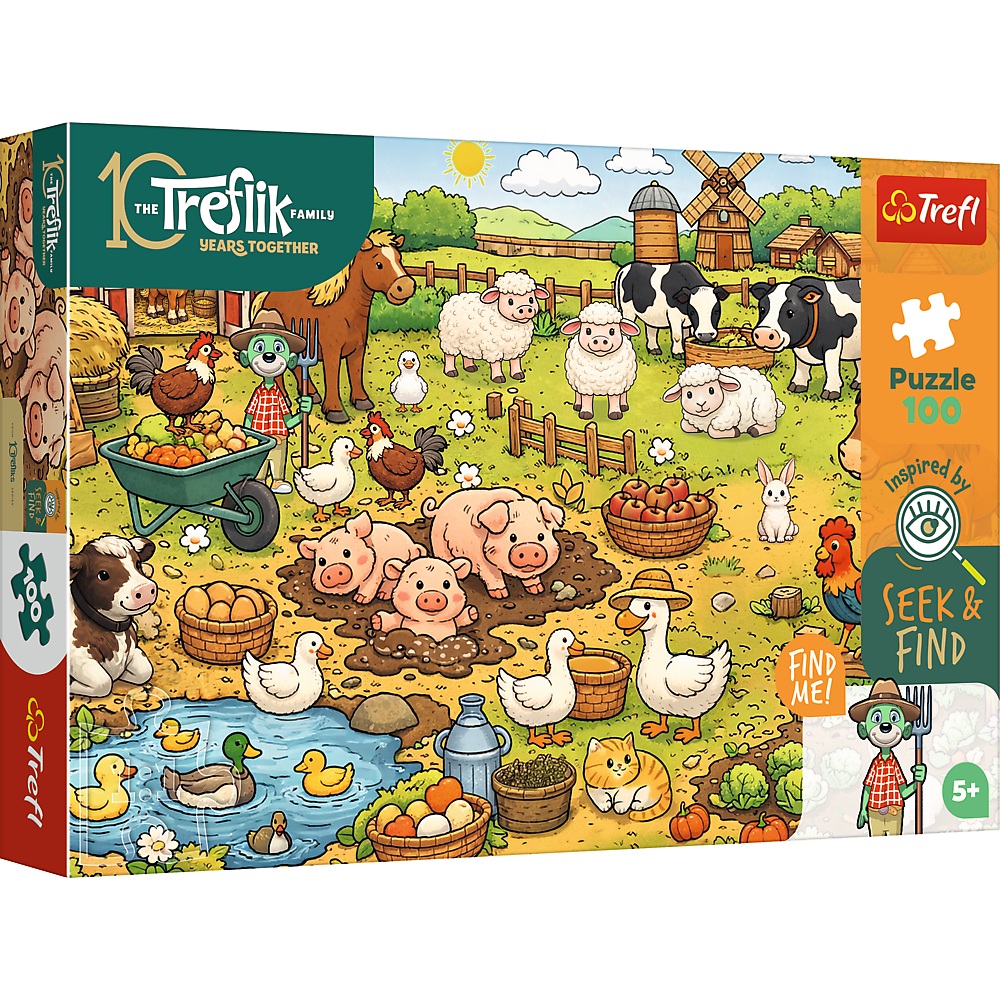 Trefl Puzzle 100 el Szukaj i znajdź Rodzina Treflików Wieś 16589, zabawki nino Bochnia, pomysł na prezent dla 5 latka, puzzle odkrywcze