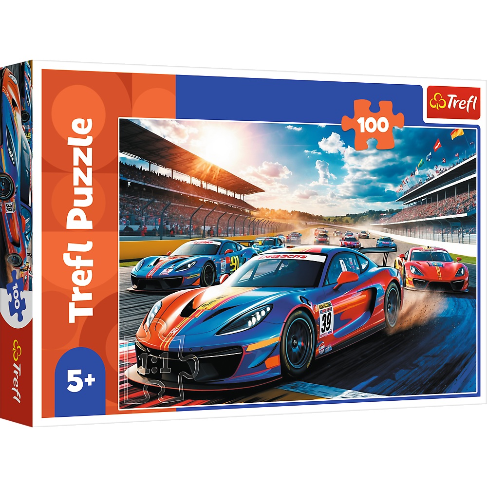 Trefl Puzzle 100 el Szybka wyścigówka 17403, zabawki Nino Bochnia, pomysł na prezent dla 5 latka, puzzle z samochodem wyścigowym, puzzle wyścigówka