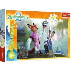 Trefl Puzzle 100 el Zootopia Tajemnice Zwierzogrodu 16523, zabawki Nino Bochnia, pomysł na prezent dla 5 latka, puzzle dla dzieci na 5 lat ze zwierzątkami