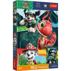 Trefl Puzzle 160 el Psi Patrol Dinozaurowa przygoda plakat kolekcjonerski 15434, zabawki Nino Bochnia, pomysł na prezent dla 6 latka, puzzle z pieskami Psi Patrol + plakat