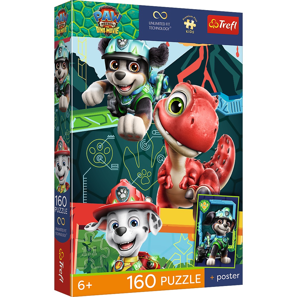 Trefl Puzzle 160 el Psi Patrol Dinozaurowa przygoda plakat kolekcjonerski 15434, zabawki Nino Bochnia, pomysł na prezent dla 6 latka, puzzle z pieskami Psi Patrol + plakat