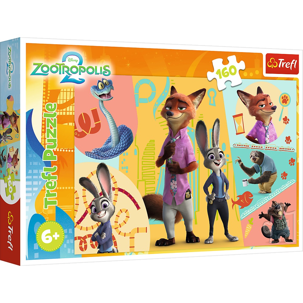 Trefl Puzzle 160 el Zootopia Razem w zwierzogrodzie 15429, zabawki Nino Bochnia, pomysł na prezent dla 6 latka, puzzle ze zwierzątkami