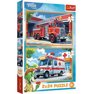 Trefl Puzzle 2x24 el Rodzina Treflików wóz strażacki i karetka 34447, zabawki Nino bochnia, pomysł na prezent dla 3 latka, puzzle ze strażą pożarną