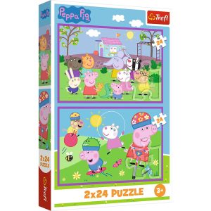 Trefl Puzzle 2x24 el Świnka Peppa Peppa na placu zabaw 34435, zabawki Nino Bochnia, puzzle dla 3 latka, puzzle ze świnką Peppą, puzzle 2w1 świnka Peppa
